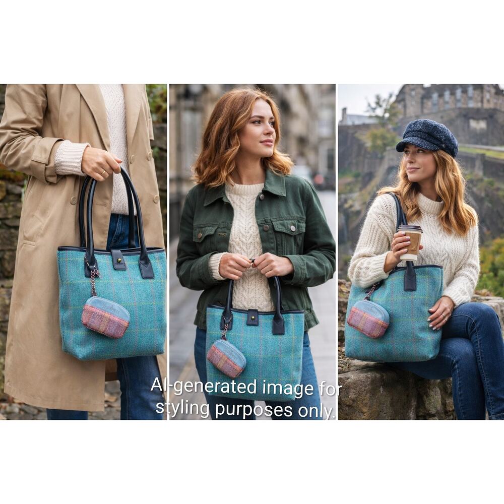 Ness Scotland Harris Tweed Tote Bag w/ Coin Purse Blue Green Plaid